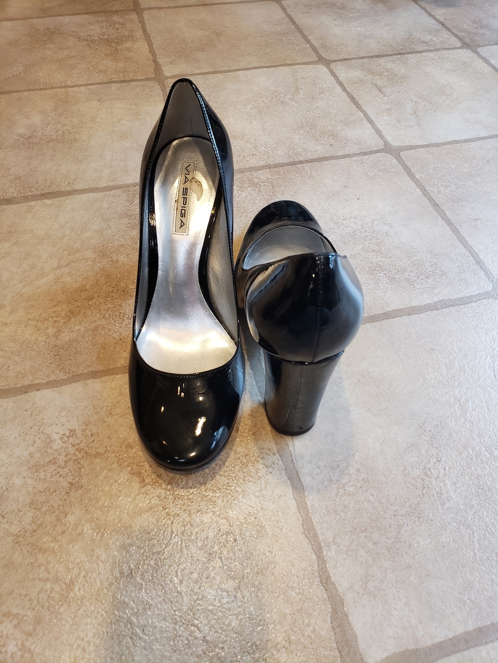 Via Spiga Black Patent High Block Heel Pumps